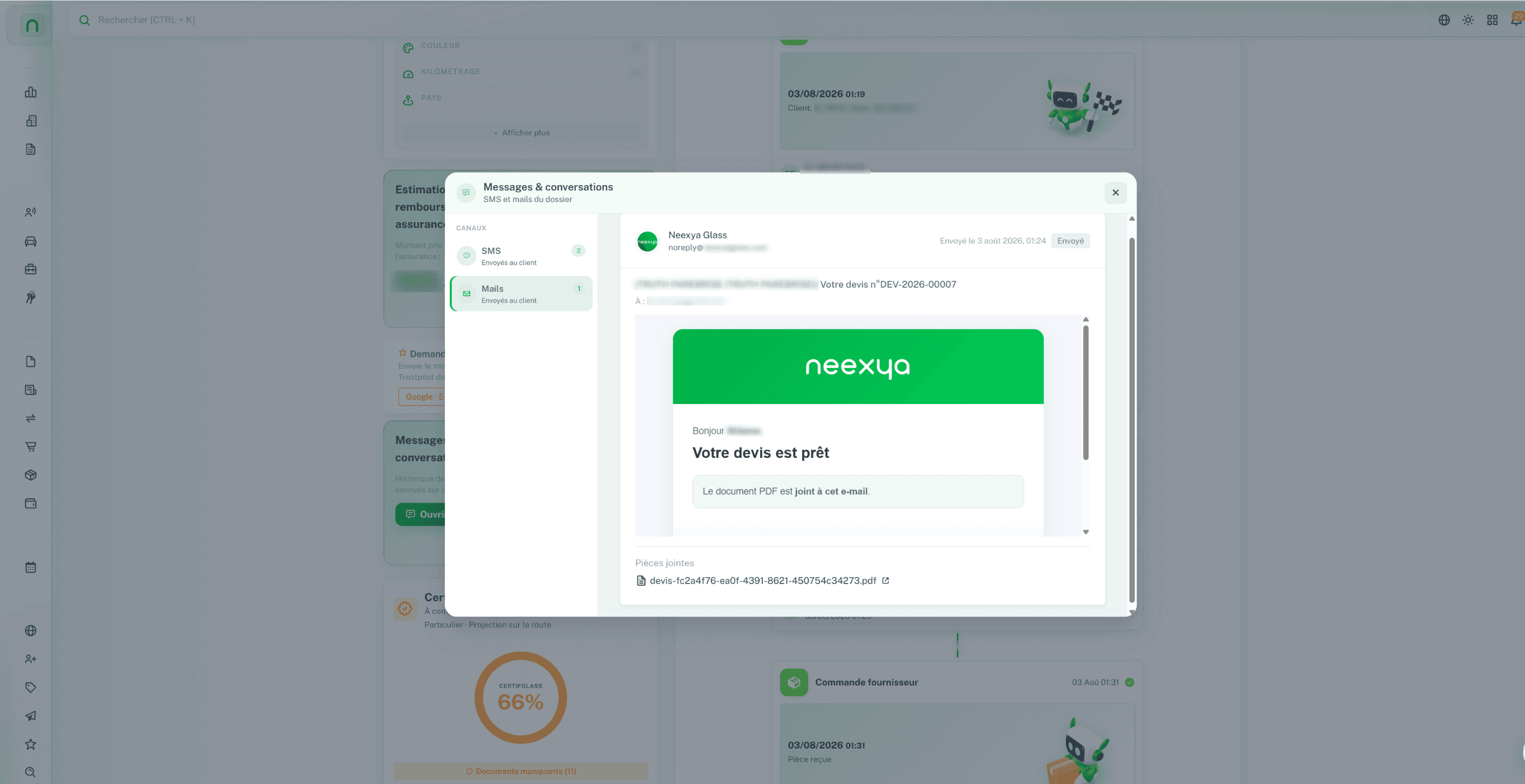 Écran de messagerie SMS et e-mail dans un dossier Neexya Glass