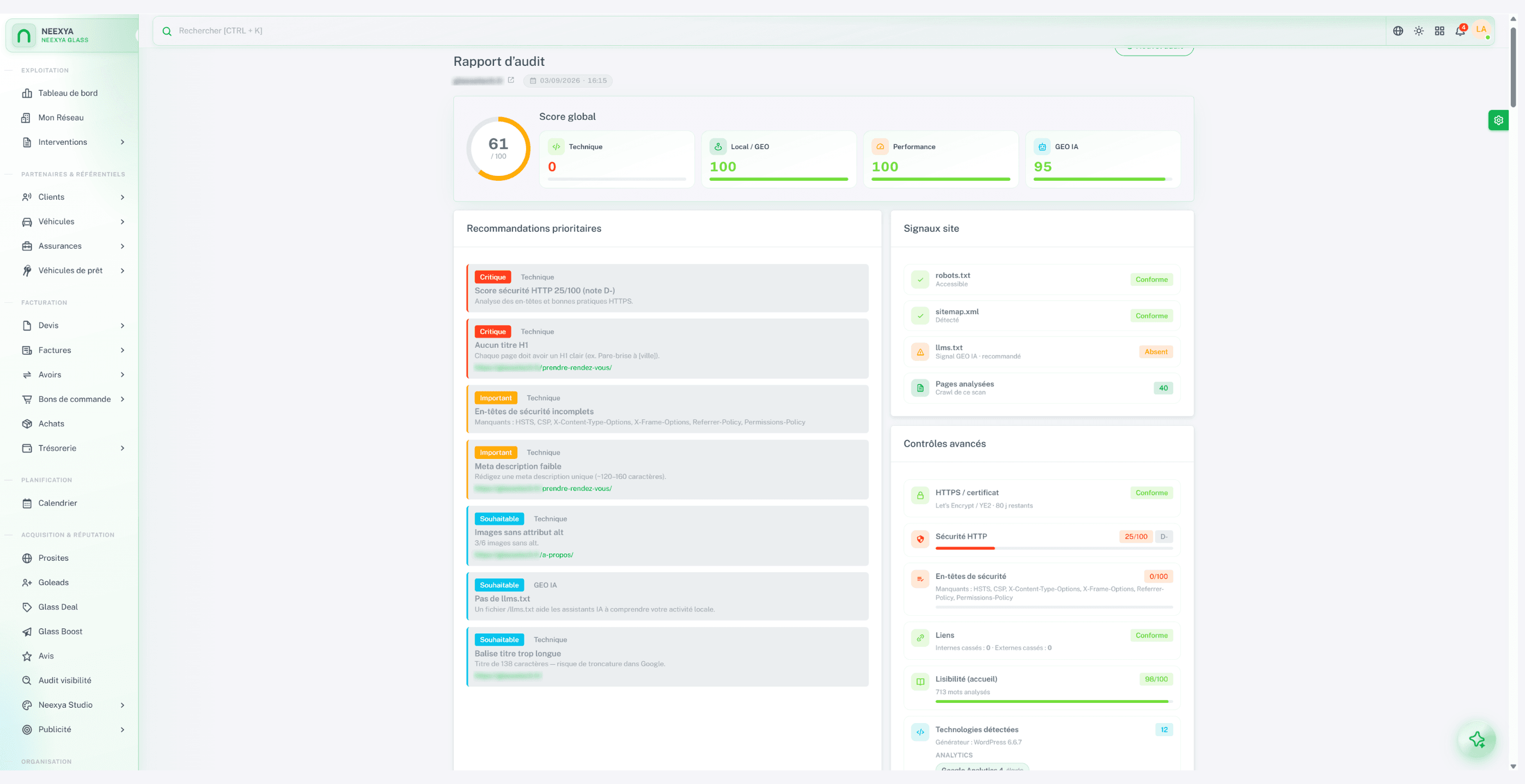 Rapport d’audit SEO local et GEO dans Neexya Glass